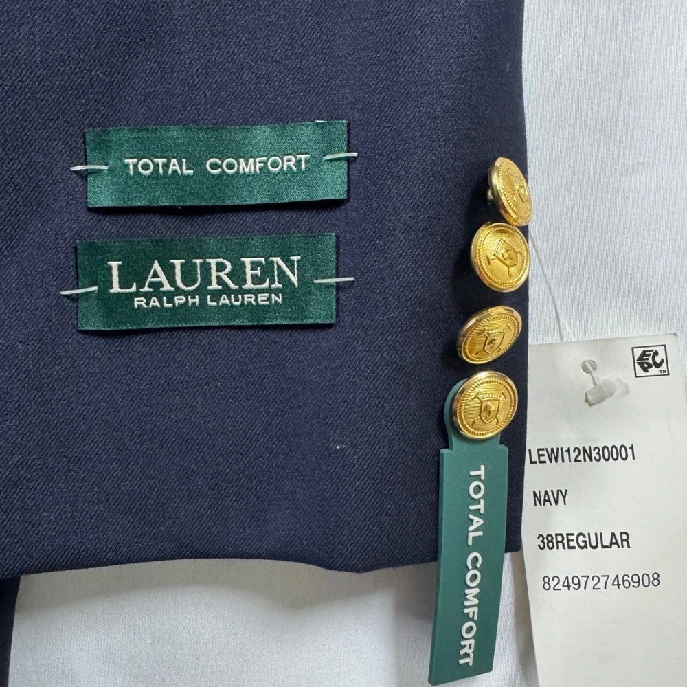 Lauren Ralph Lauren Total Comfort Sportcoat Mens 38R Navy Blue Wool Gold Button